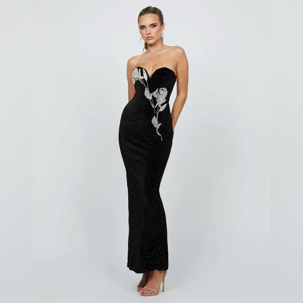 Elegant Black Strapless Dress with Floral Detail New with Tags